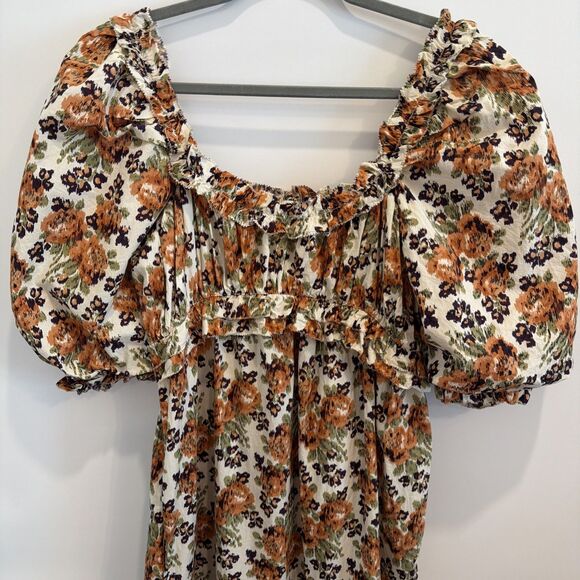 Anthropologie Love The Label Sz M Floral Puff Slv Maxi Dress Earthy Boho Roses - Picture 2 of 16